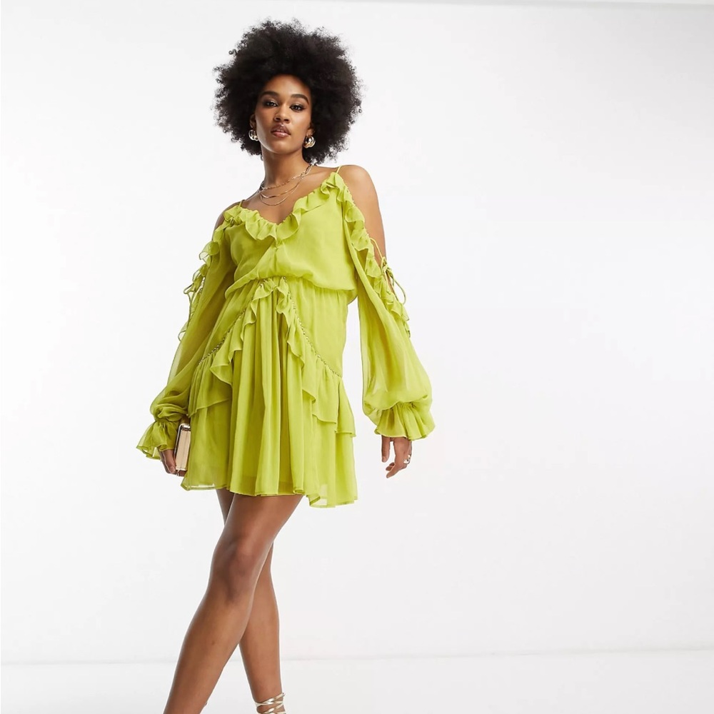 ASOS ruffle wrap mini dress olive. Size 12